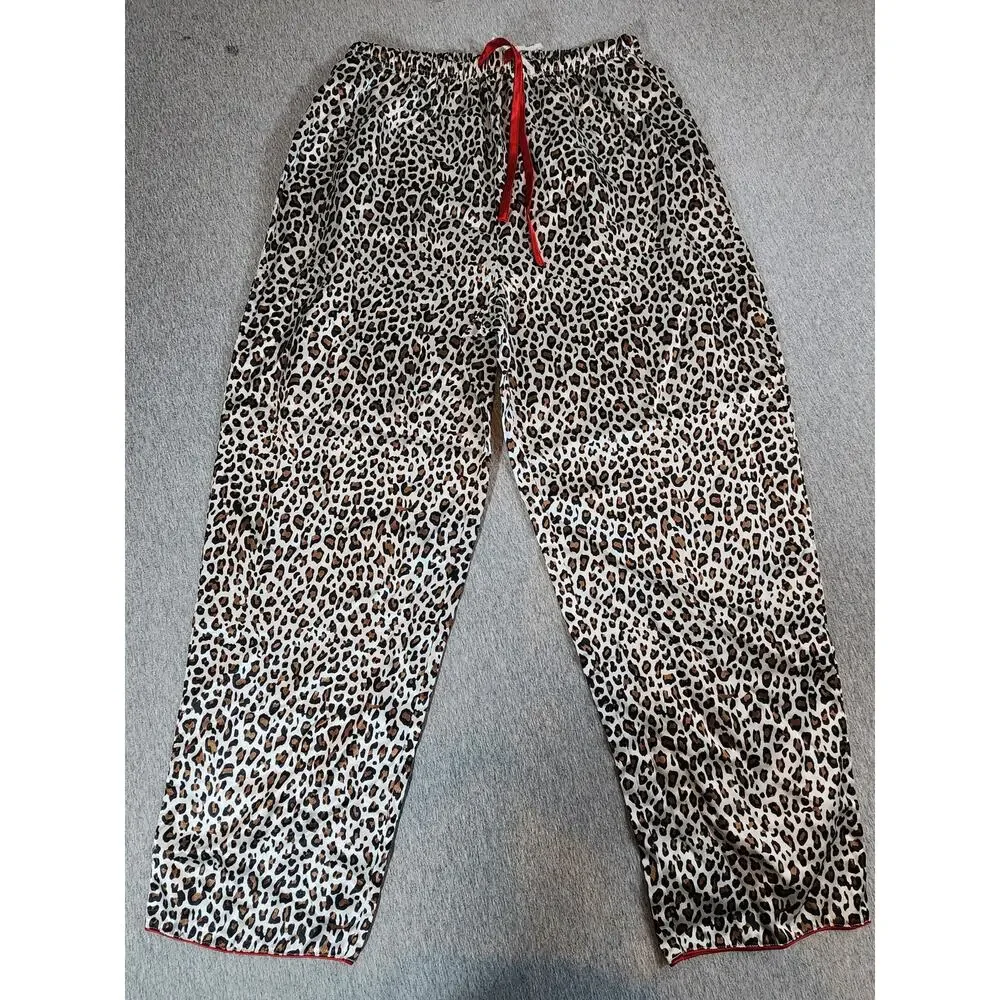 Kathryn Leopard Print Pajama Set XL Satin‎ Feel Red Trim Button Front Lounge